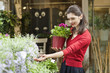 Woman holding a potted plant and looking at flowers in a flower shop