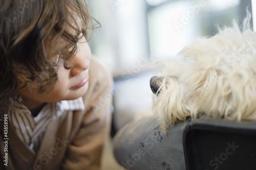 Photo: Close-up of a boy looking at a dog Close-up of a boy looking at a dog