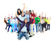 Happy group of people with arms up - isolated over