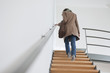 Rear view of a woman moving up staircase