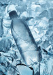 Bottle of mineral water on ice cubes background