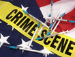 Syringes And Crime Scene Cordon Tape Over American Flag