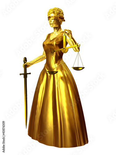 Illustration: Justitia, golden statue symbol of justice and law Justitia, golden statue symbol of justice and law
