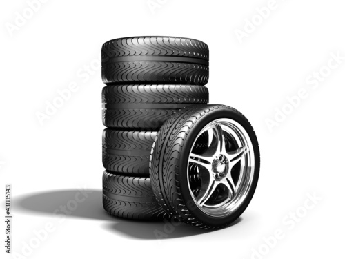 Ilustración: Wheels isolated on white. 3d illustration. Wheels isolated on white. 3d illustration.