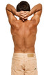 Strong athletic mans back on white background