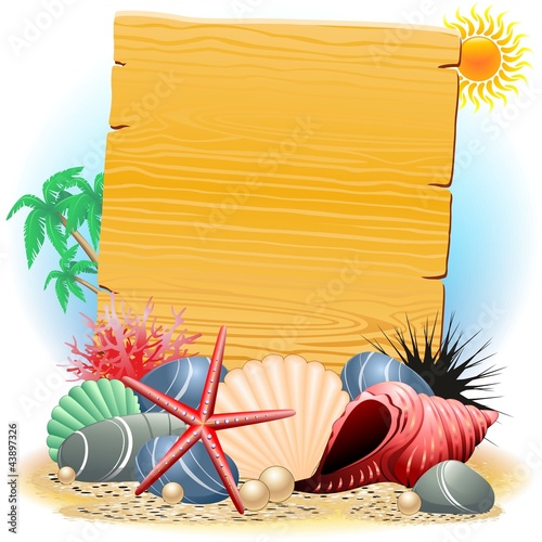Vector: Cartellone Legno con Conchiglie-Wooden Panel wih Seashells Cartellone Legno con Conchiglie-Wooden Panel wih Seashells
