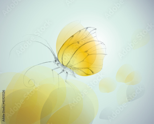 Vektor: Yellow butterfly on flower / Realistic vector sketch Yellow butterfly on flower / Realistic vector sketch