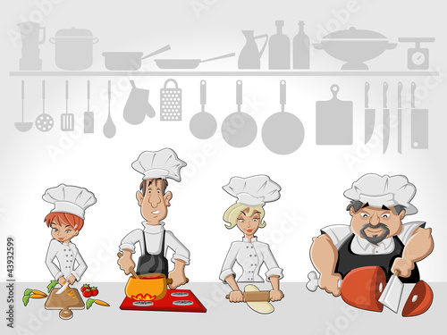Vektor: Chef team cooking delicious meal in restaurant kitchen Chef team cooking delicious meal in restaurant kitchen