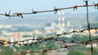 Barbed wire on the blue sky background.