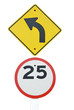 left turn and speed limit road sign on white background