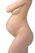 Belly of 8 months pregnant woman over white