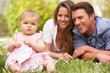 Parents With Baby Girl Sitting In Field Of Summer Flowers