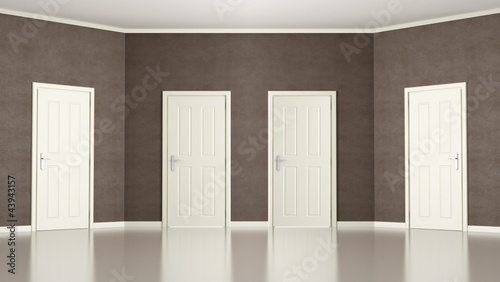 Illustration: Brown Empty room with four doors Brown Empty room with four doors