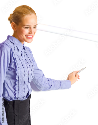 Photo: Businesswoman showing blank signboard, on white Businesswoman showing blank signboard, on white