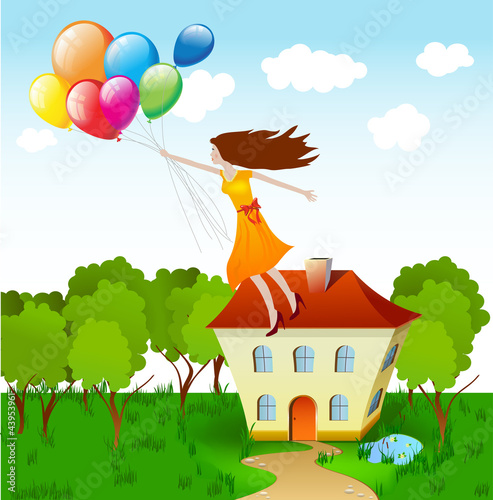 Vector: Girl flying with balloons. Vector Girl flying with balloons. Vector