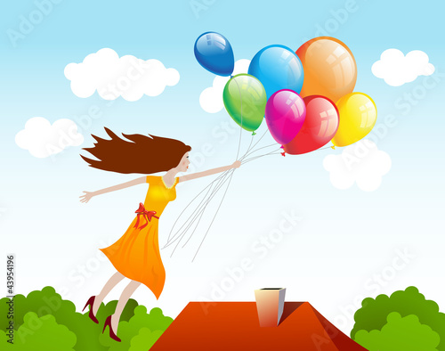 Vector: Girl flying with balloons. Vector background Girl flying with balloons. Vector background