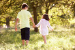 Boy And Girl Walking Through Summer Field Together