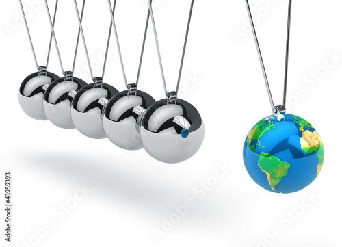 Illustration: Newton's cradle with Earth globe Newton's cradle with Earth globe