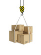 3d illustration: Cargo transportation, crane hook, and cardboard