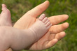 Babyfuß in Hand von Papa