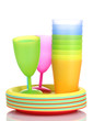 Bright plastic tableware isolated on white