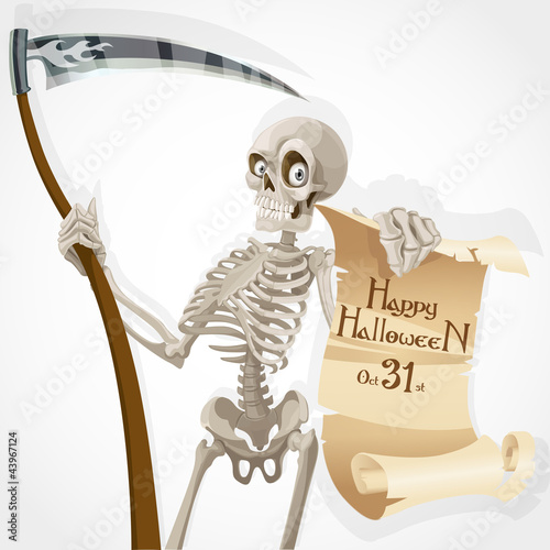 Vector: Skeleton displays a poster with invitation to Halloween party Skeleton displays a poster with invitation to Halloween party