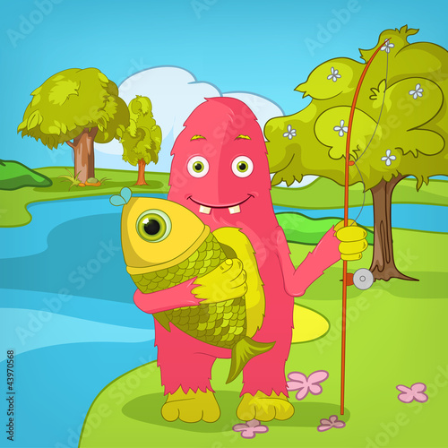 Vector: Funny Monster. Fisherman. Funny Monster. Fisherman.