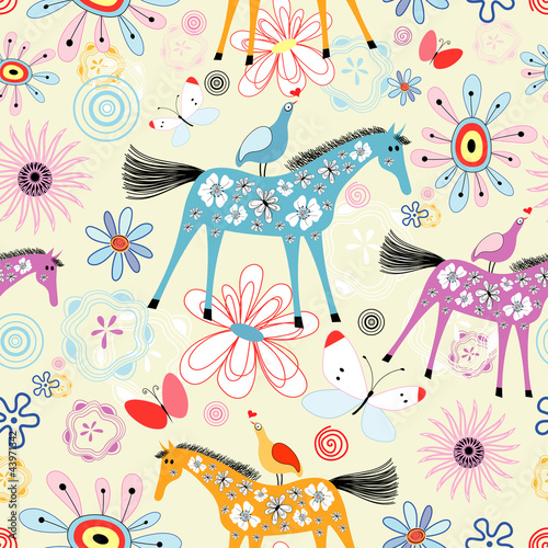 Vector: flower texture with horses flower texture with horses