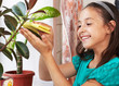 a girl wipes the dust from the leaves
