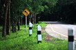 Curve road sign on down hill