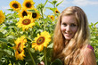 Blonde Frau in Sonnenblumen-Feld