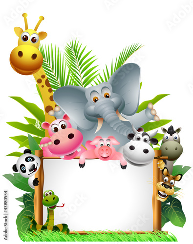 Vector: Wild African animal cartoon with blank sign Wild African animal cartoon with blank sign