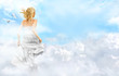Foto: Young woman running across the clouds in the sky. Soul relaxatio Young woman running across the clouds in the sky. Soul relaxatio