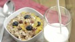 Video: Pouring Milk in a glass (with Muesli in the background) Pouring Milk in a glass (with Muesli in the background)