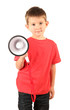 portrait of little boy with speaker isolated on white