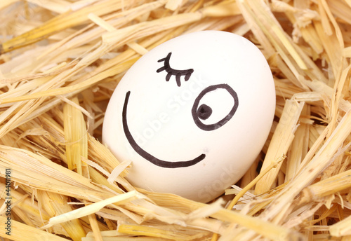 Photo: White egg with funny face in straw White egg with funny face in straw