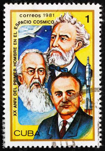 Photo: Postage stamp Cuba 1981 Jules Verne, Konstantin E. Tsiolkovski a Postage stamp Cuba 1981 Jules Verne, Konstantin E. Tsiolkovski a