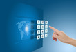 Hand pushing touch screen button with blue background with map
