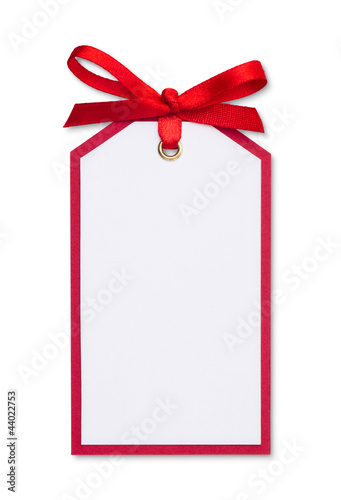 Photo: close up of card note with red ribbon on white background close up of card note with red ribbon on white background