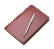 Brown notepad and pen on white background with soft shadow