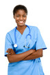 Photo: Portrait confident African American female doctor white backgrou Portrait confident African American female doctor white backgrou