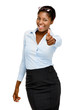Attractive African American businesswoman thumbs up on white bac