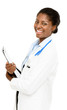 Portrait confident African American female doctor white backgrou