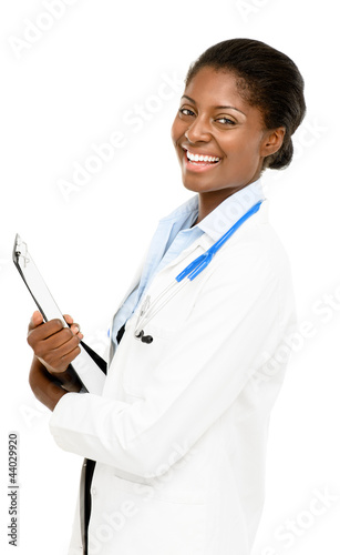 Photo: Portrait confident African American female doctor white backgrou Portrait confident African American female doctor white backgrou