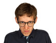 Displeased Man with Glasses on White