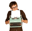 Man Pulling Paper from a Vintage Typerwriter with his Teeth
