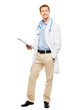 Foto: Full length of confident young doctor holding clipboard on white Full length of confident young doctor holding clipboard on white
