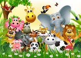 funny big set of animal cartoon with tropical forest background