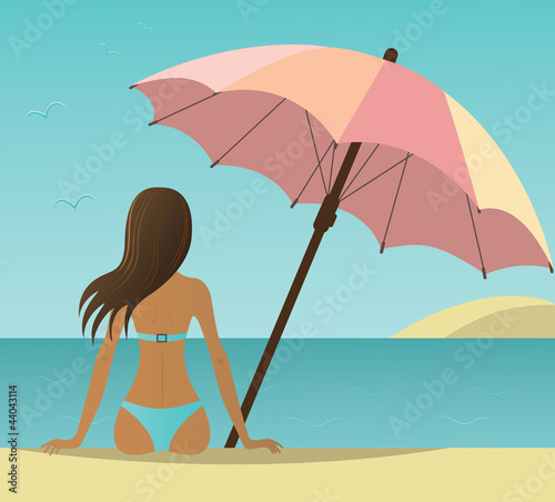 Vector: Woman on the beach under umbrella. Woman on the beach under umbrella.