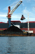 coal is being loaded onto tankers with crane from a pontoon